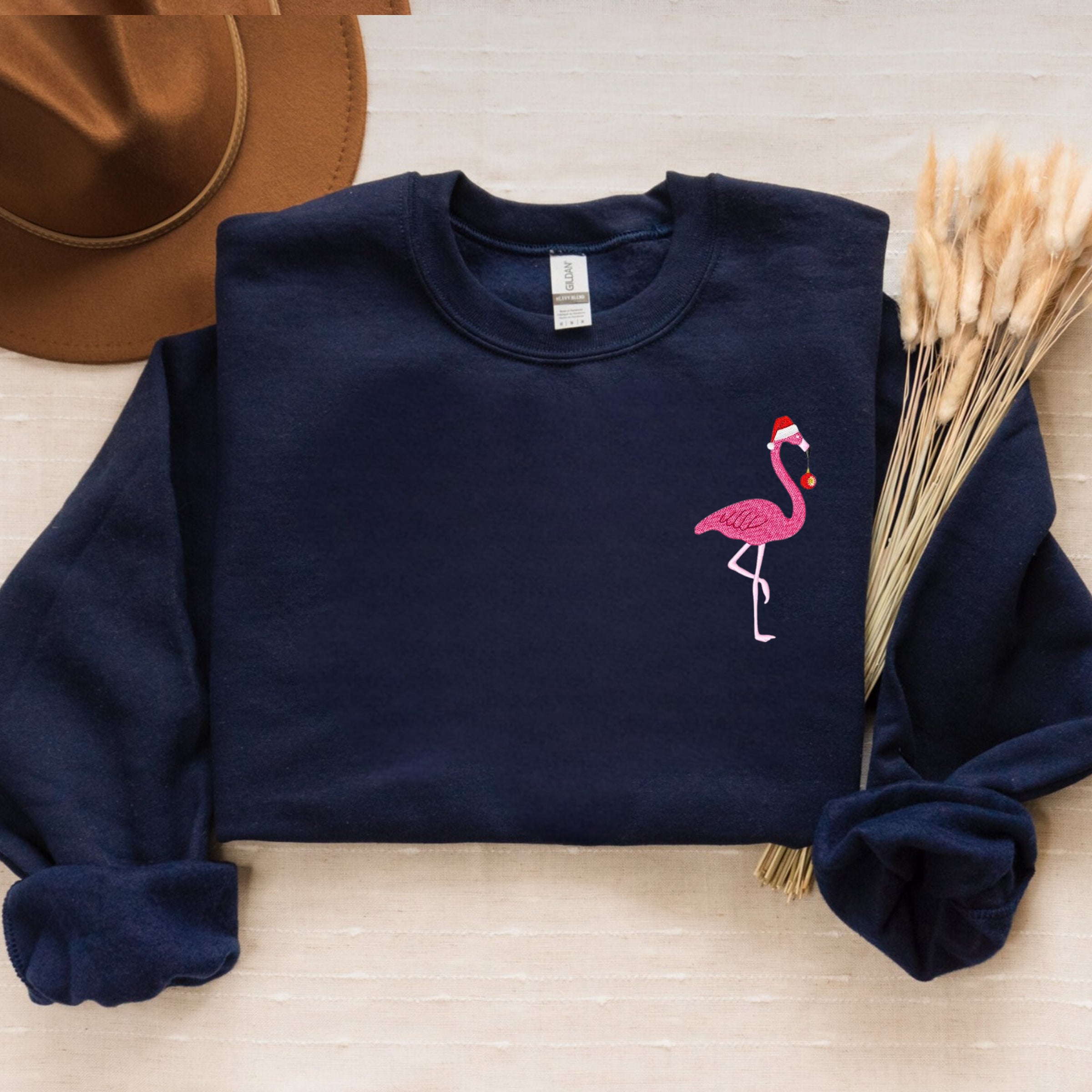 Christmas Flamingo Embroidered Sweatshirt - Festive Holiday Apparel
