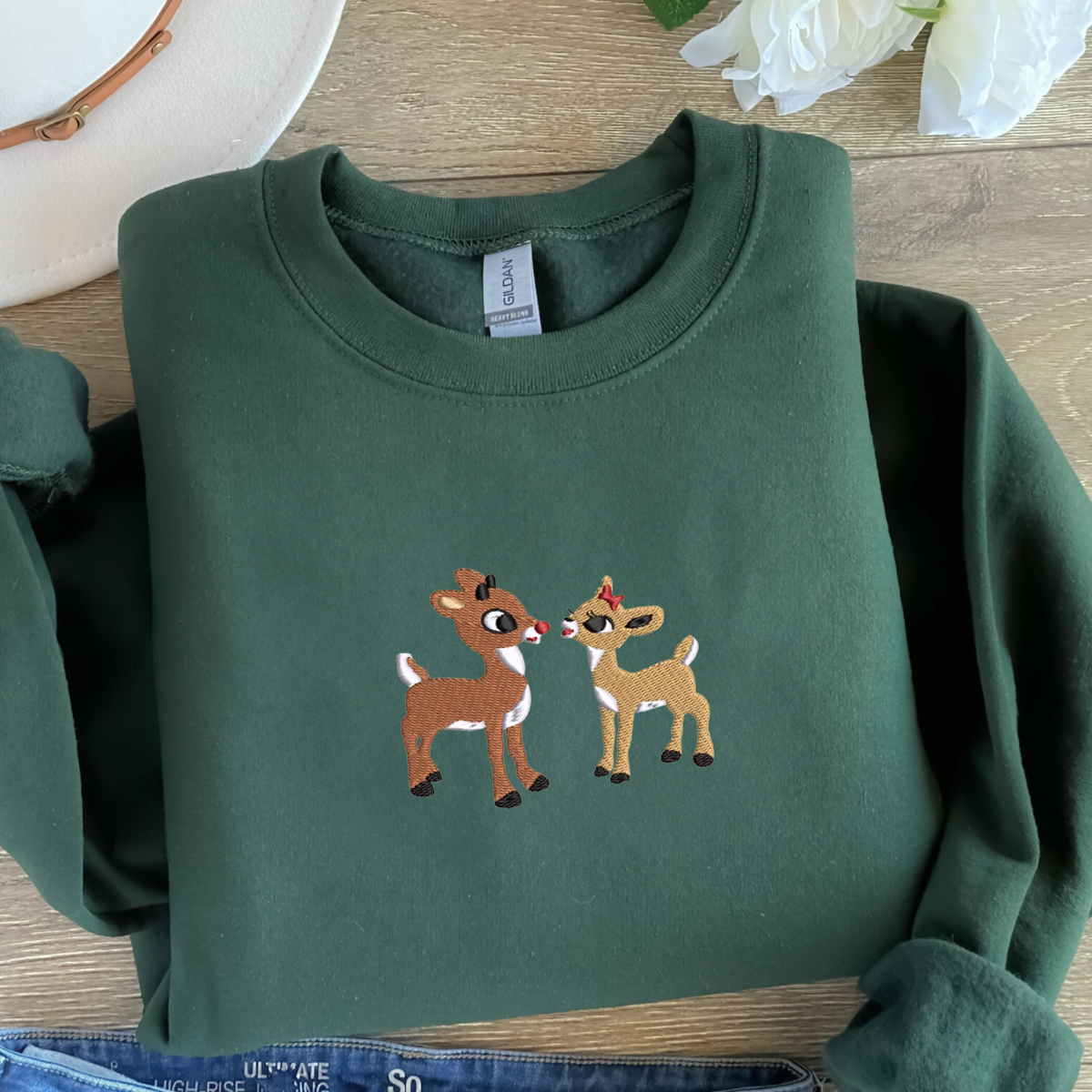 Embroidered Christmas Rudolph & Clarice Sweatshirt or Hoodie for Festive Style