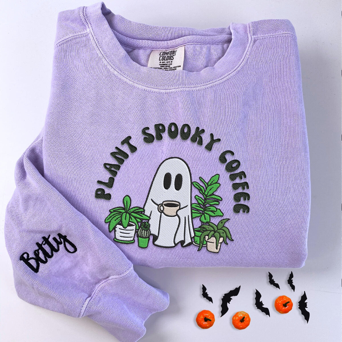 Halloween Ghost Embroidered Plant Sweatshirt - Cozy Fall Fashion