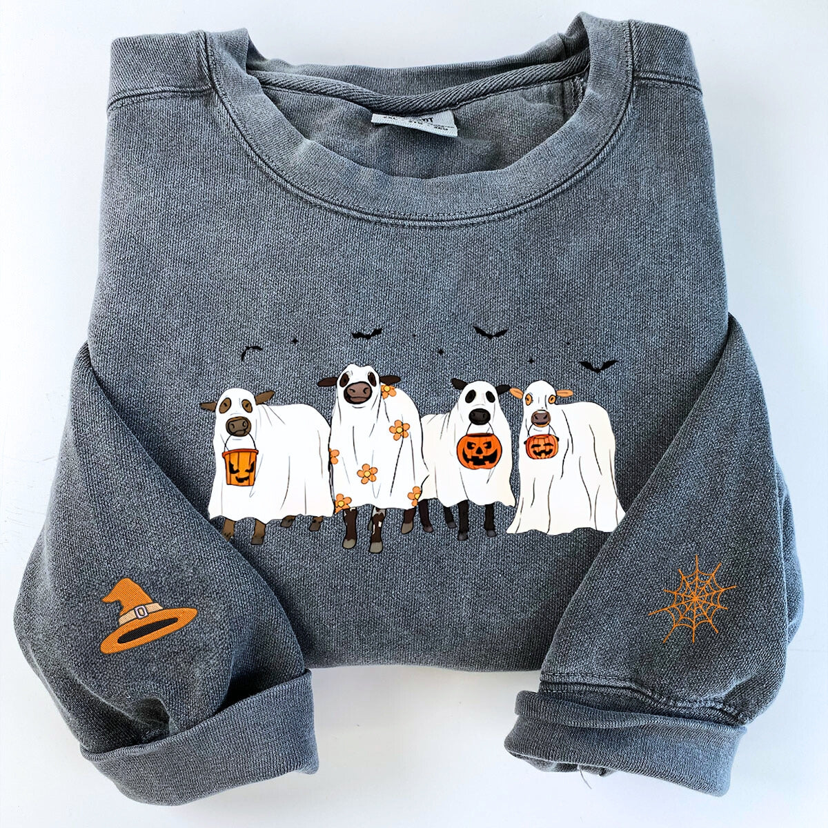 Embroidered Halloween Ghost Cows Sweater or Hoodie - Fun & Festive Design
