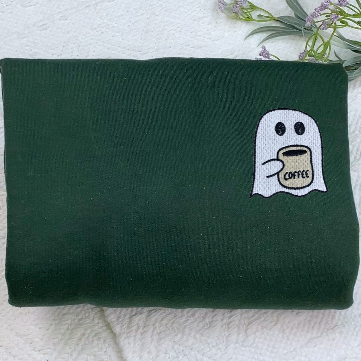 Embroidered Little Ghost Coffee Halloween Hoodie