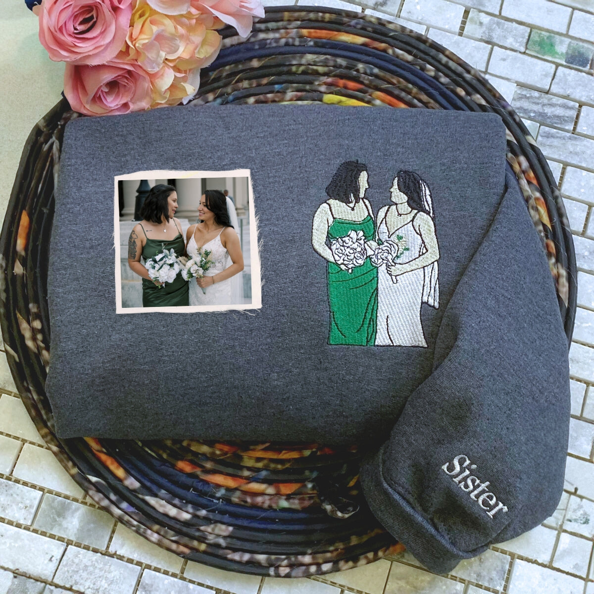 Personalized Sister Wedding Photo Sweatshirt with Embroidery