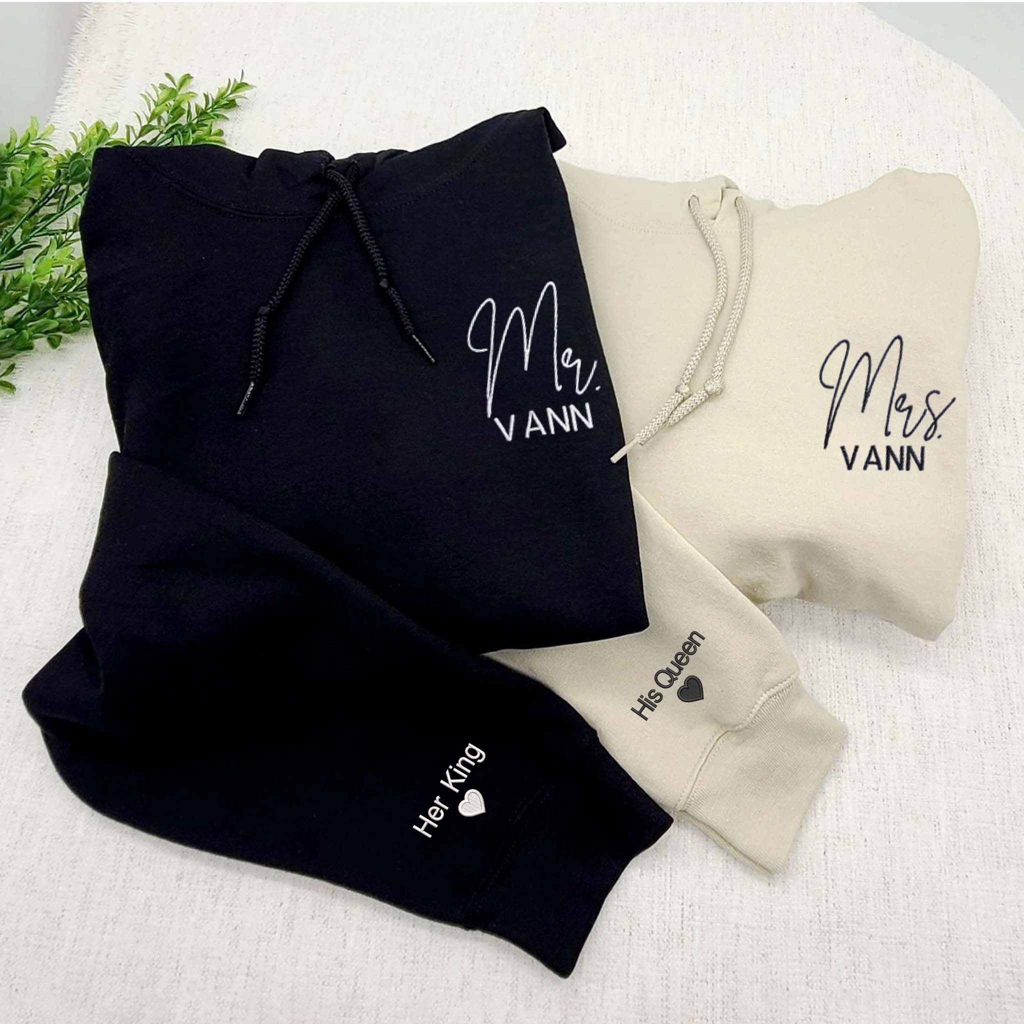 Custom Embroidered Mr and Mrs Hoodie with Icon on Sleeve, Honeymoon Couples Gift
