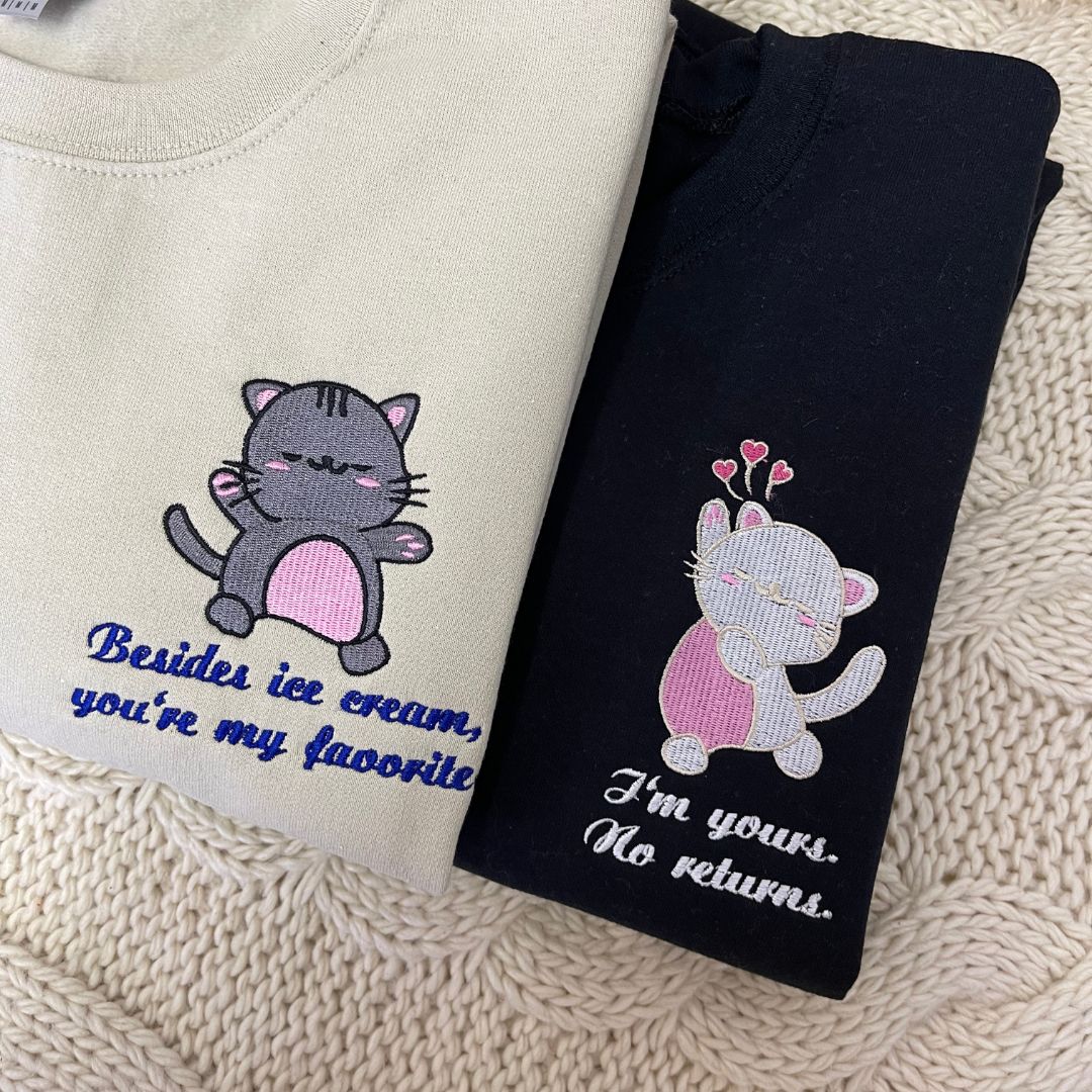 Couple Anime Cat Embroidered Crewneck Sweatshirt, Anniversary Gift