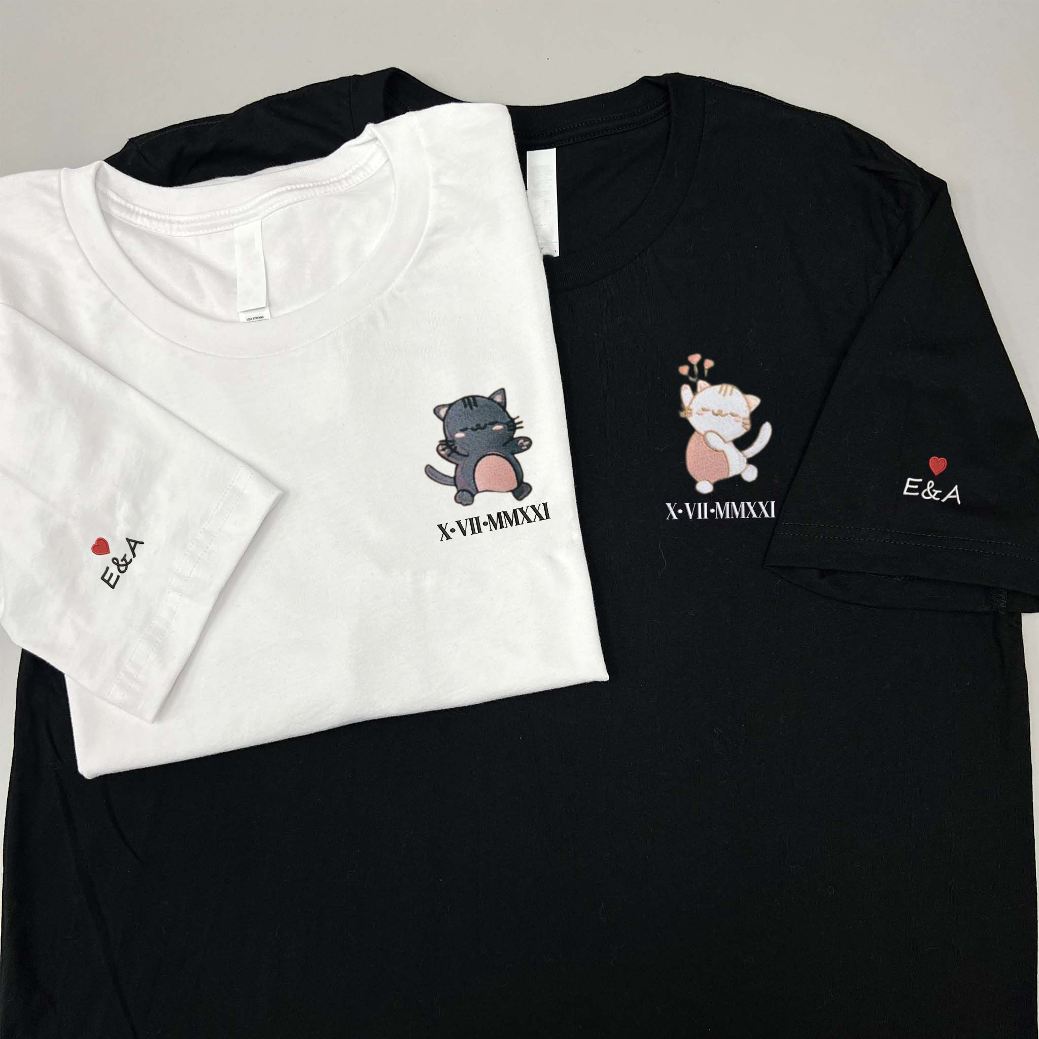 Custom Embroidered Cat Couple Matching T-Shirt, Best Anniversary Gift