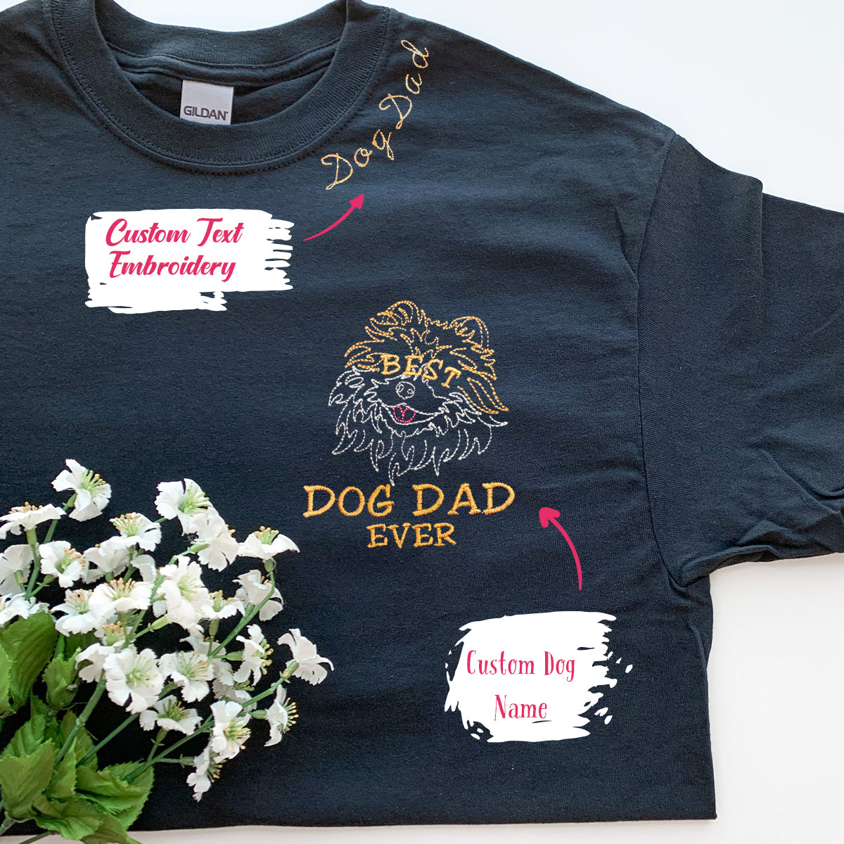 Personalized Pomeranian Dog Dad Collar Embroidered Shirt