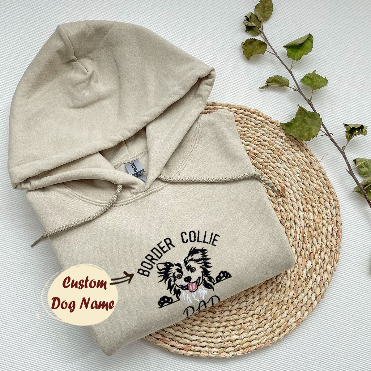 Personalized Border Collie Dog Dad Embroidered Hoodie - Black/White/Pink