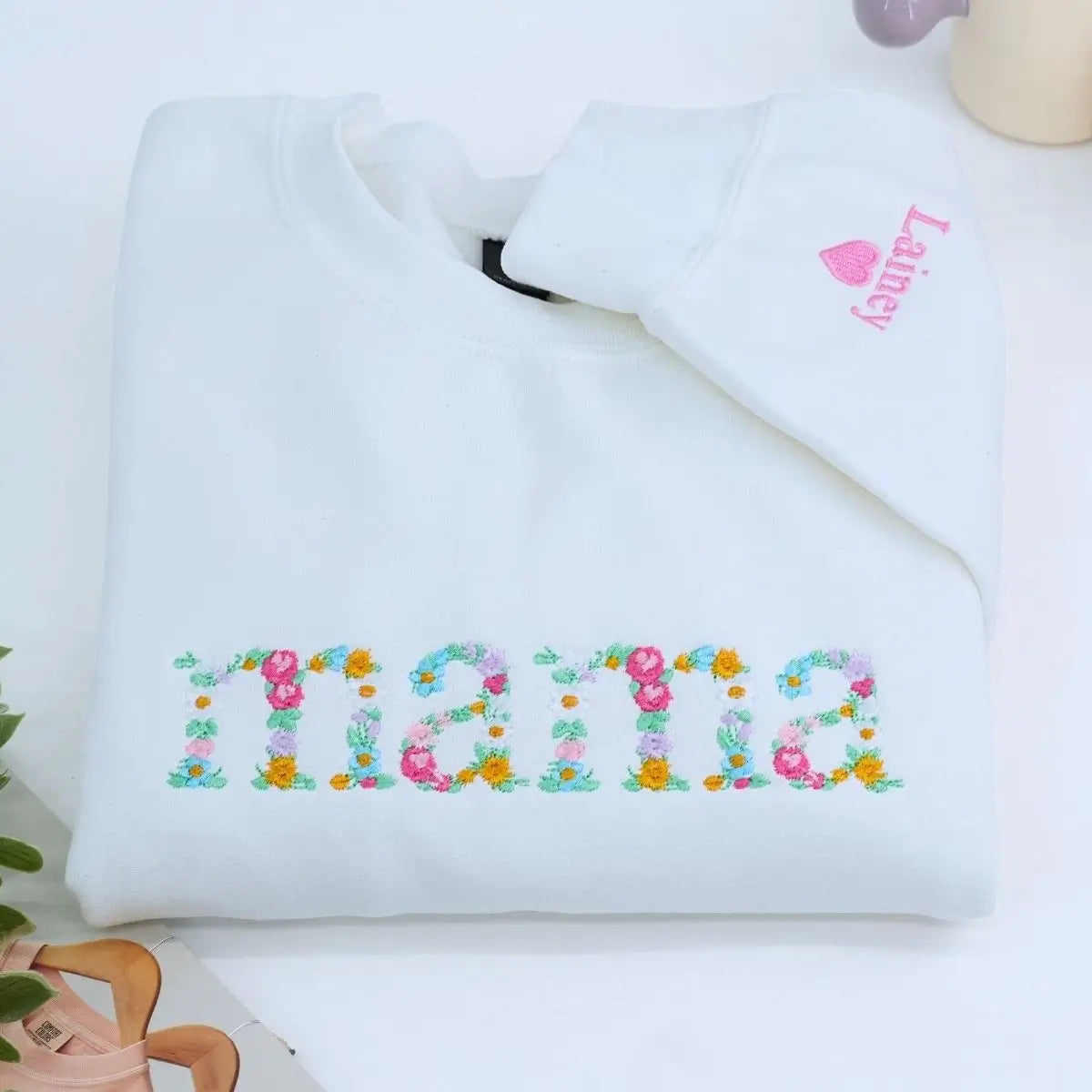 Custom Mama Floral Embroidered Hoodie - Personalized Kids Name Sleeve