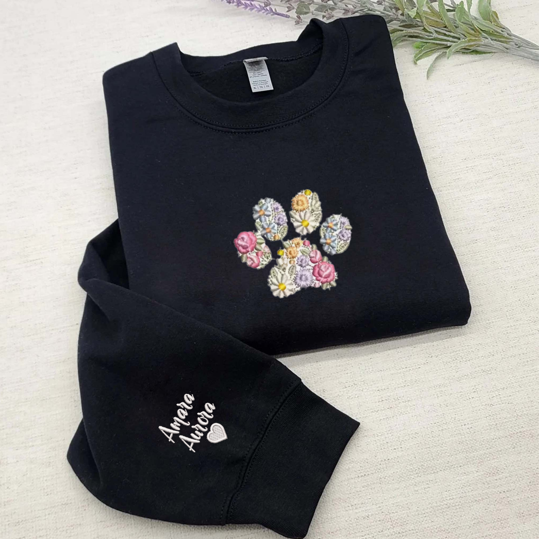 Custom Pet Paw Embroidered Sweatshirt, Personalized Floral Crewneck, Express Your Love