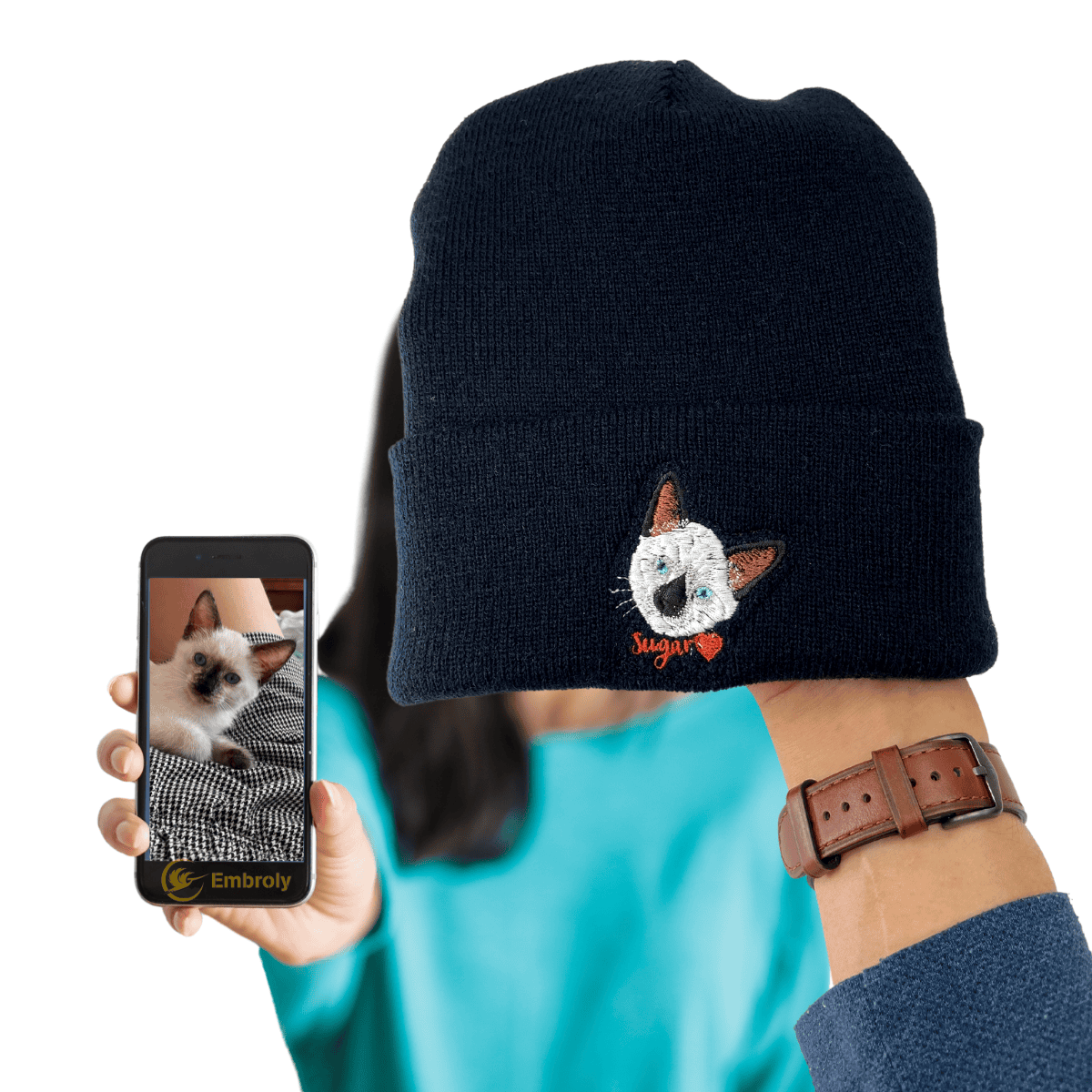 Custom Pet Embroidered Beanie with Full Color Portrait Embroidery