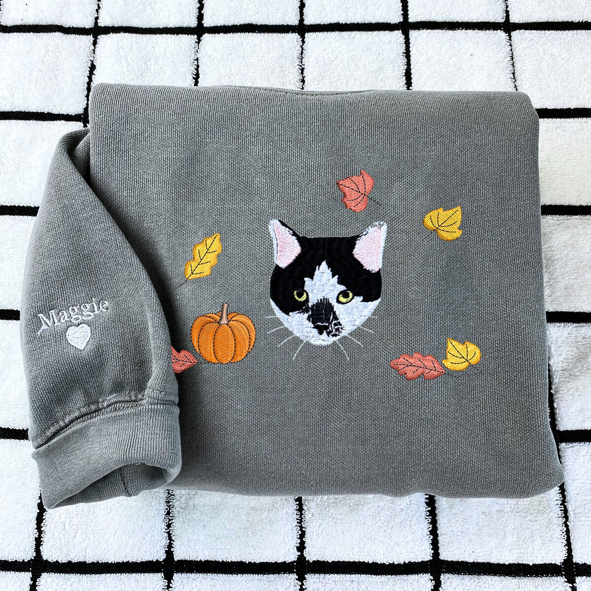 Custom Embroidered Halloween Cat Portrait T-Shirt or Sweatshirt
