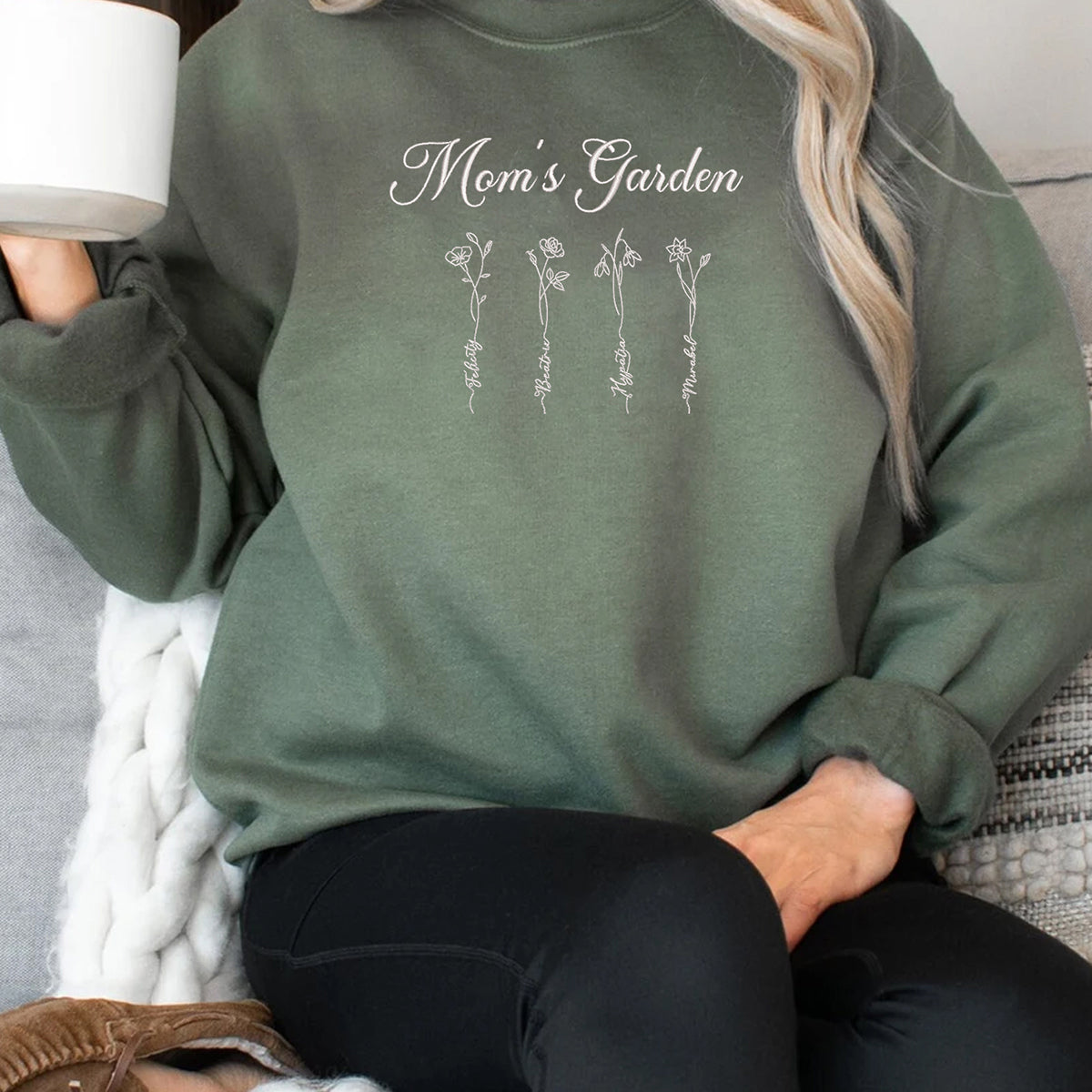 Customized Birth Flower Mom Embroidered Sweatshirt - Personalized Gift